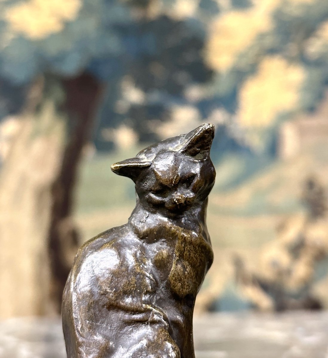 Emmanuel Fremiet - Chat Assis, Petit Bronze animalier à Patine Brune. XIXème Siècle, Signé-photo-3