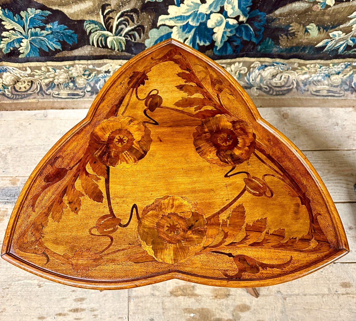 Louis Majorelle - Tripod Pedestal Table In Marquetry With Poppy Decoration. Art Nouveau Period-photo-3