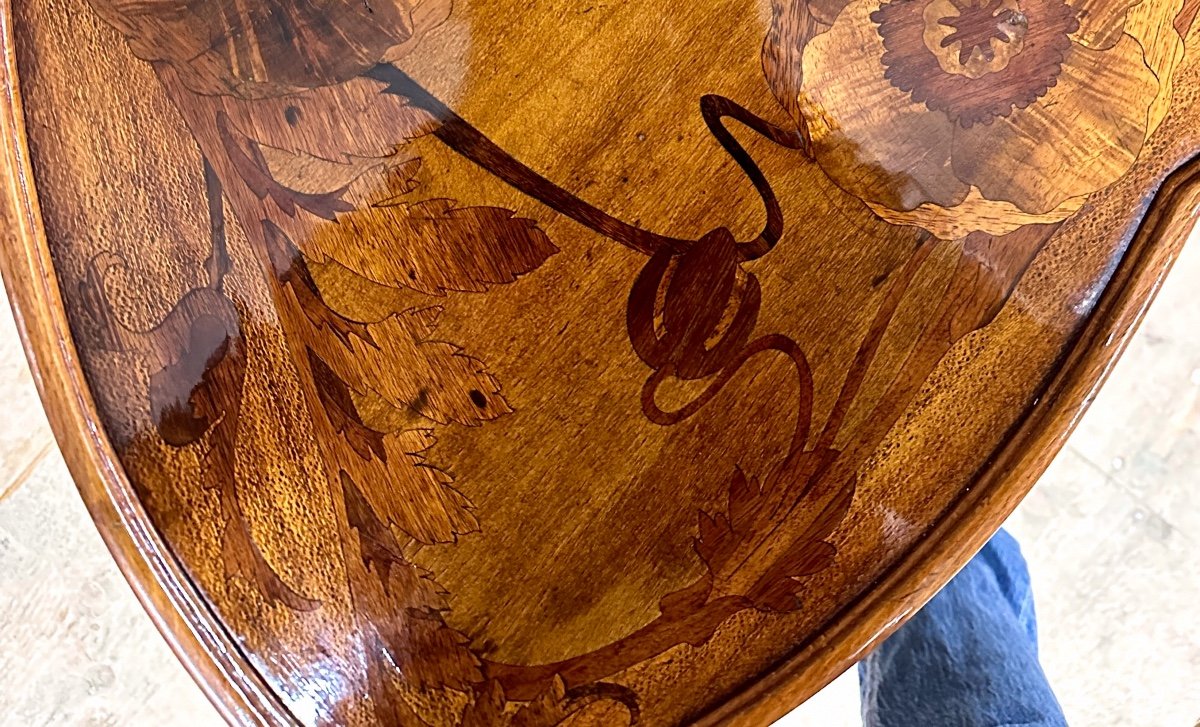 Louis Majorelle - Tripod Pedestal Table In Marquetry With Poppy Decoration. Art Nouveau Period-photo-2