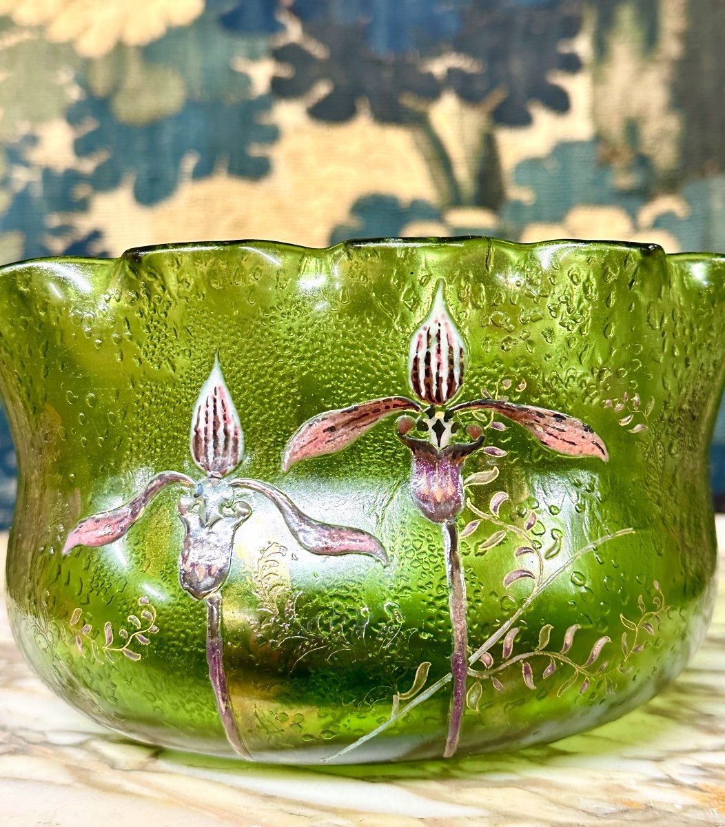 Emile Gallé Crystalworks, Polylobed Vase With Enameled Decoration Of Orchids And Mushrooms. Art Nouveau-photo-2