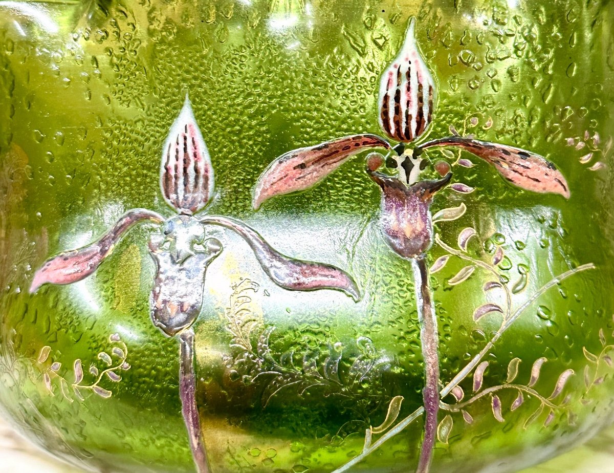 Emile Gallé Crystalworks, Polylobed Vase With Enameled Decoration Of Orchids And Mushrooms. Art Nouveau-photo-4