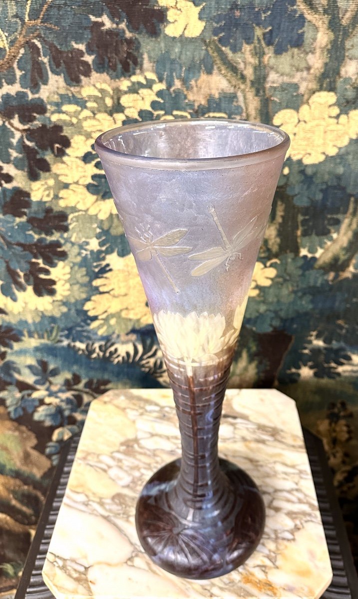 Daum Nancy - Rare Vase De 52 Cm Aux Tulipes, Nénuphars Et Libellules. Pate De Verre Art Nouveau-photo-4