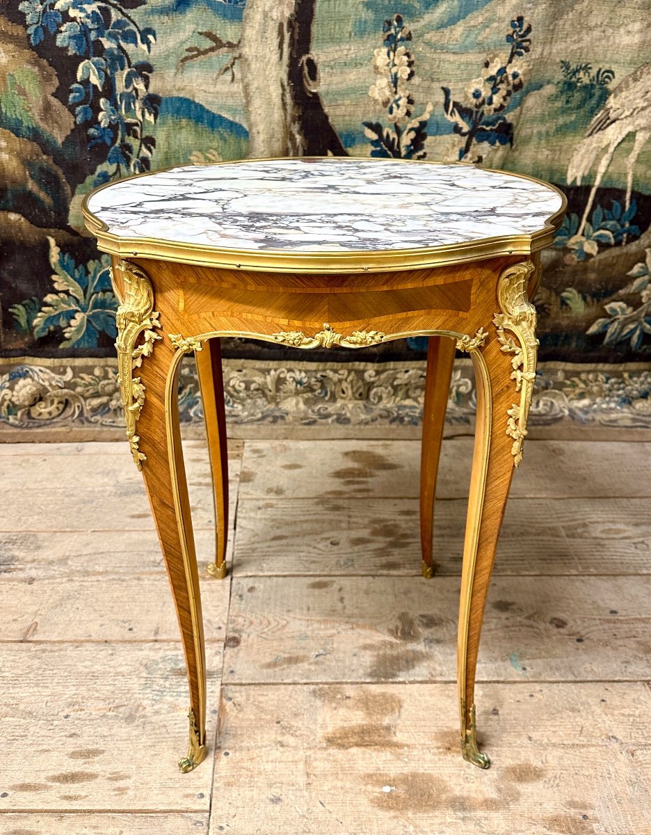 Circular Pedestal Table In Marquetry And Gilt Bronze In The Louis XV Style. Napoleon III Period-photo-2