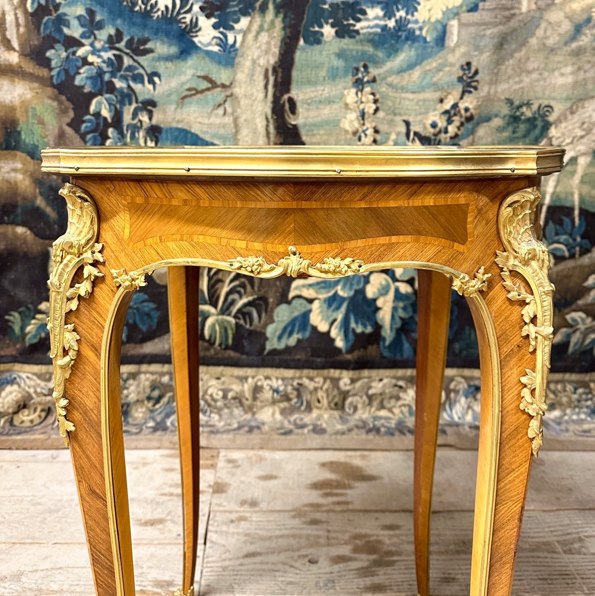 Circular Pedestal Table In Marquetry And Gilt Bronze In The Louis XV Style. Napoleon III Period-photo-2