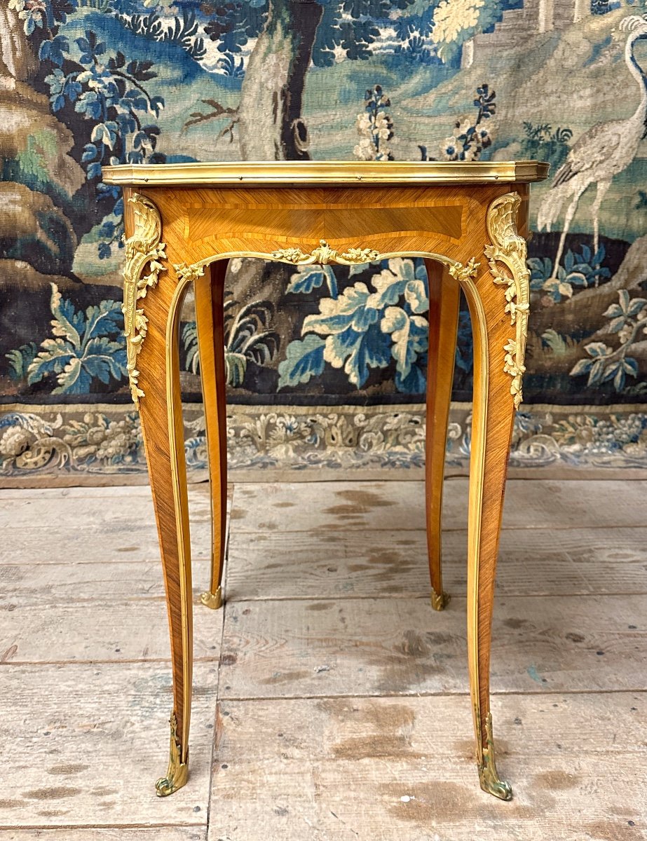 Circular Pedestal Table In Marquetry And Gilt Bronze In The Louis XV Style. Napoleon III Period-photo-4