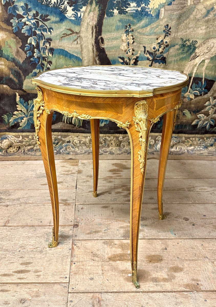 Circular Pedestal Table In Marquetry And Gilt Bronze In The Louis XV Style. Napoleon III Period