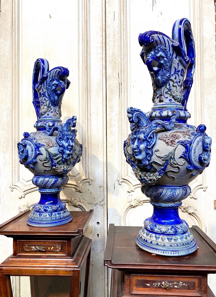 Paire De Grandes Aiguières En Grès Bleu Du XIXème, Dans Le Gout Renaissance -photo-3