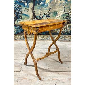 émile Gallé - Drawer Table In Marquetry And Carved Wood In Naturalist Shape. Art Nouveau