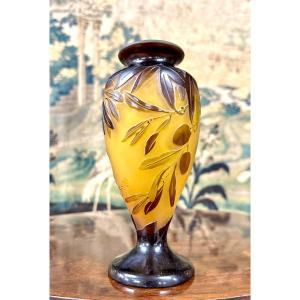 émile Gallé - Multilayer Glass Vase With Olive Decor. Art Nouveau Glass Paste, Olivier