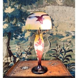 émile Gallé - Mushroom Lamp Decorated With Eagles And Landscapes, Art Nouveau Glass Paste