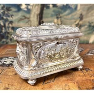 Leopold Oudry - Silver Bronze Jewelry Box With Mythological Scenes, Napoleon III