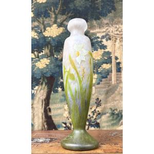 Daum Nancy - Large 38cm Vase Decorated With Daffodils In Platelets. Art Nouveau Glass Paste