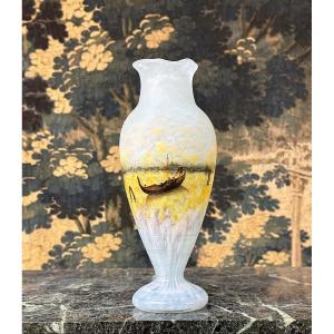 Daum Nancy - Rare Vase A Décor émaillé d'Un Paysage De Venise. Pate De Verre Art Nouveau