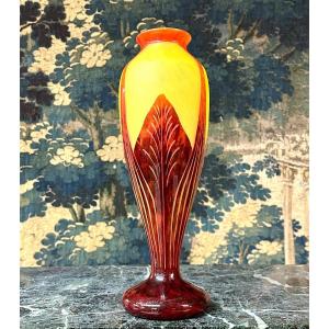 Charles Schneider Pour Le Verre Français, Vase Modele Feuilles De Tabac, Pâte De Verre Art Deco