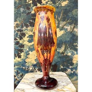 Charles Schneider Pour Le Verre Français, Vase Modele Campanules, Pâte De Verre Art Deco