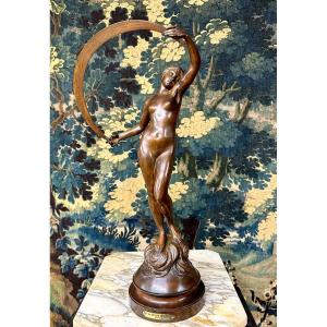 Jacques Dorval - « la Nuit », élégant Bronze De Femme à Patine Brune. époque Art Nouveau