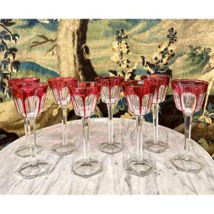 Set Of 8 Large Red Colored Glasses In Baccarat Crystal, Harcourt Model, Rhine Glass 