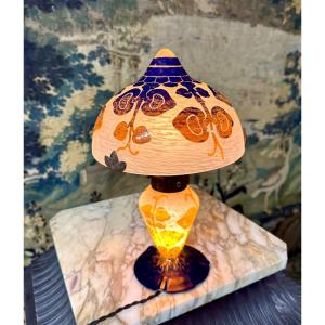 Charles Schneider Pour Le Verre Français - Lampe A Décor De Figues. Pâte De Verre Art Deco