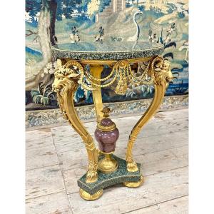 Gilt Bronze, Marble And Porphyry Rams Pedestal Table In Louis XVI Style. Early 20th Century