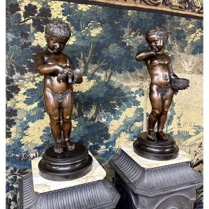 After Jean Baptiste Pigalle - Pair Of Bronze Baby Sculptures, 19th Century Period 