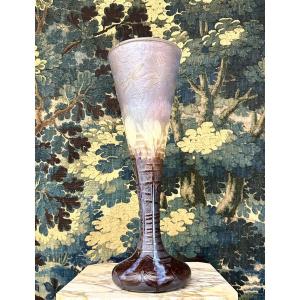 Daum Nancy - Rare Vase De 52 Cm Aux Tulipes, Nénuphars Et Libellules. Pate De Verre Art Nouveau