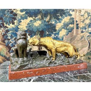 Georges Gardet - "in The Ruins" Bronze Of Tiger And Dog Of Fô, Barbedienne Cast. Art Deco