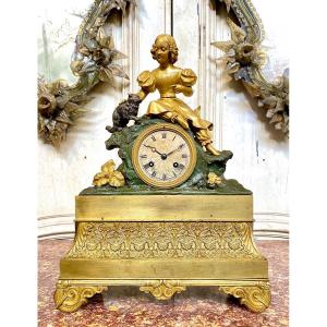 Pendule à La Fillette Et Au Chat En Bronze Doré, Epoque Louis Philippe, XIXème Siècle
