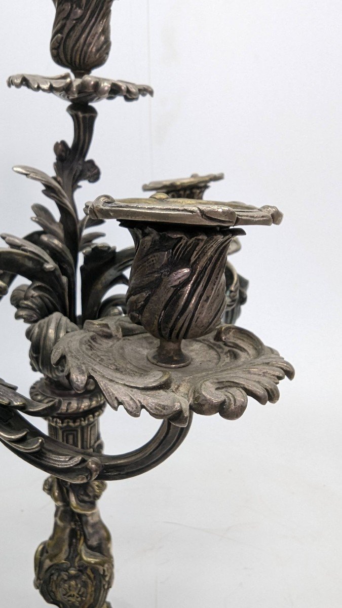 Pair Of Silver Bronze Candlesticks With Nineteenth Cherubs-photo-3