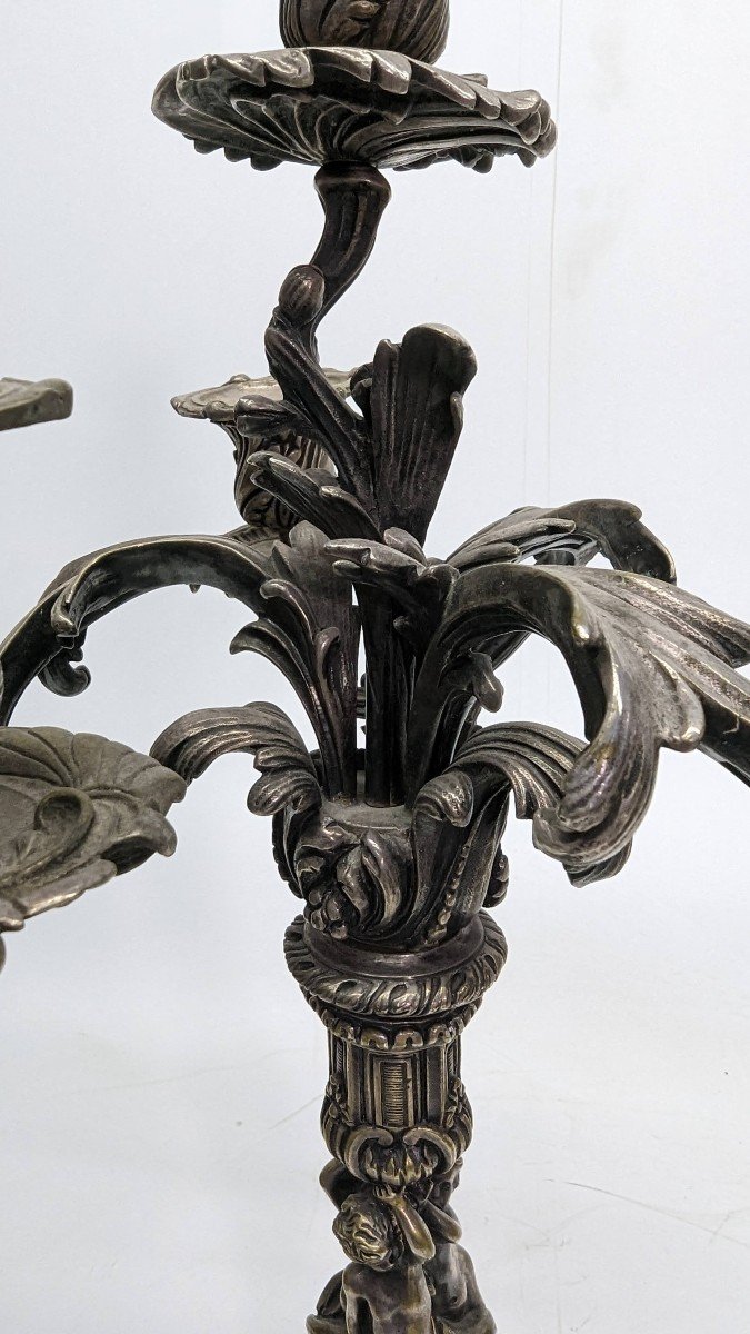 Pair Of Silver Bronze Candlesticks With Nineteenth Cherubs-photo-4