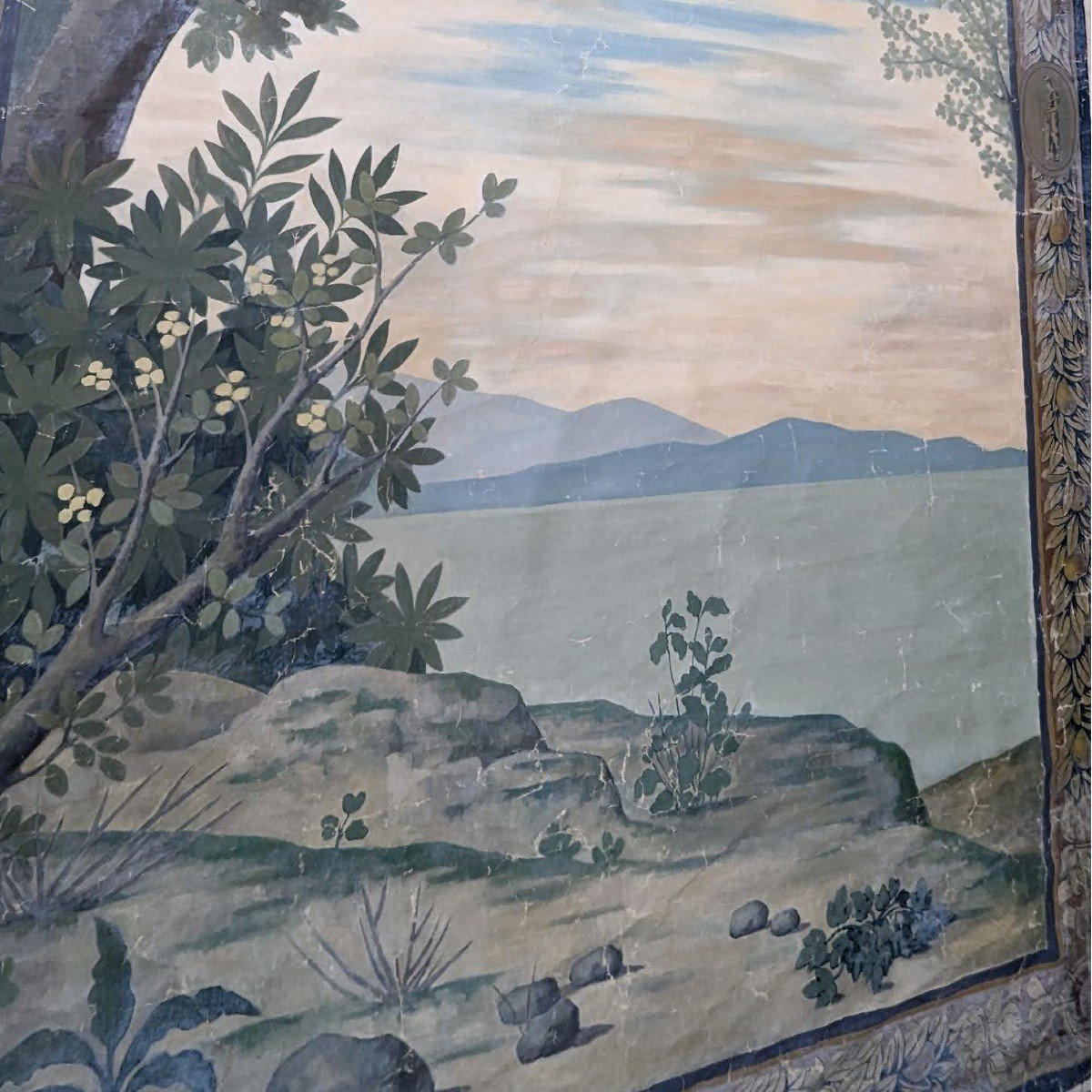 Large Painted Canvas Trompe l'Oeil Late 19th Century Representing A Mediterranean Lake Landscape.-photo-1