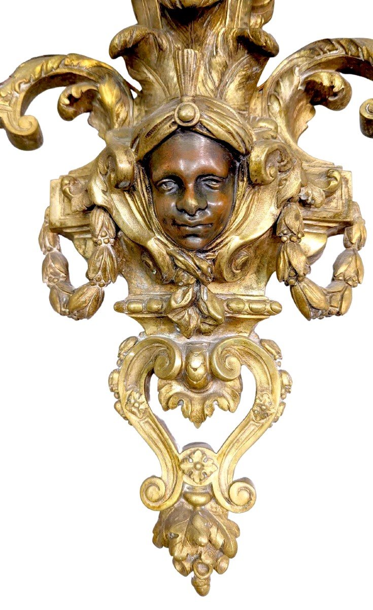 Pair Of Gilt Bronze Sconces Heads Of Nubians Style Louis XIV Nap III-photo-4