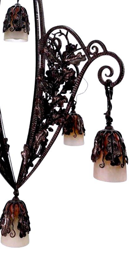 1930s Art Deco Wrought Iron Chandelier With Colorful Tulips Very High Quality Wrought Iron,-photo-4