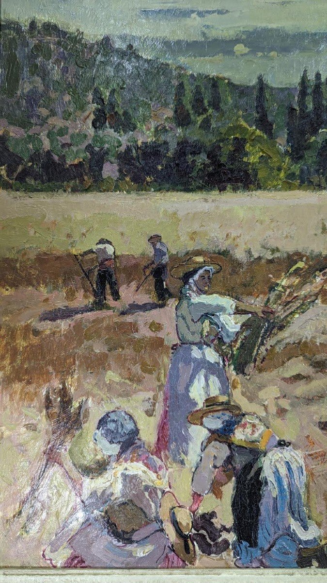 Oil On Canvas Entitled The Harvest In Provence Michel Zimmermann-photo-3