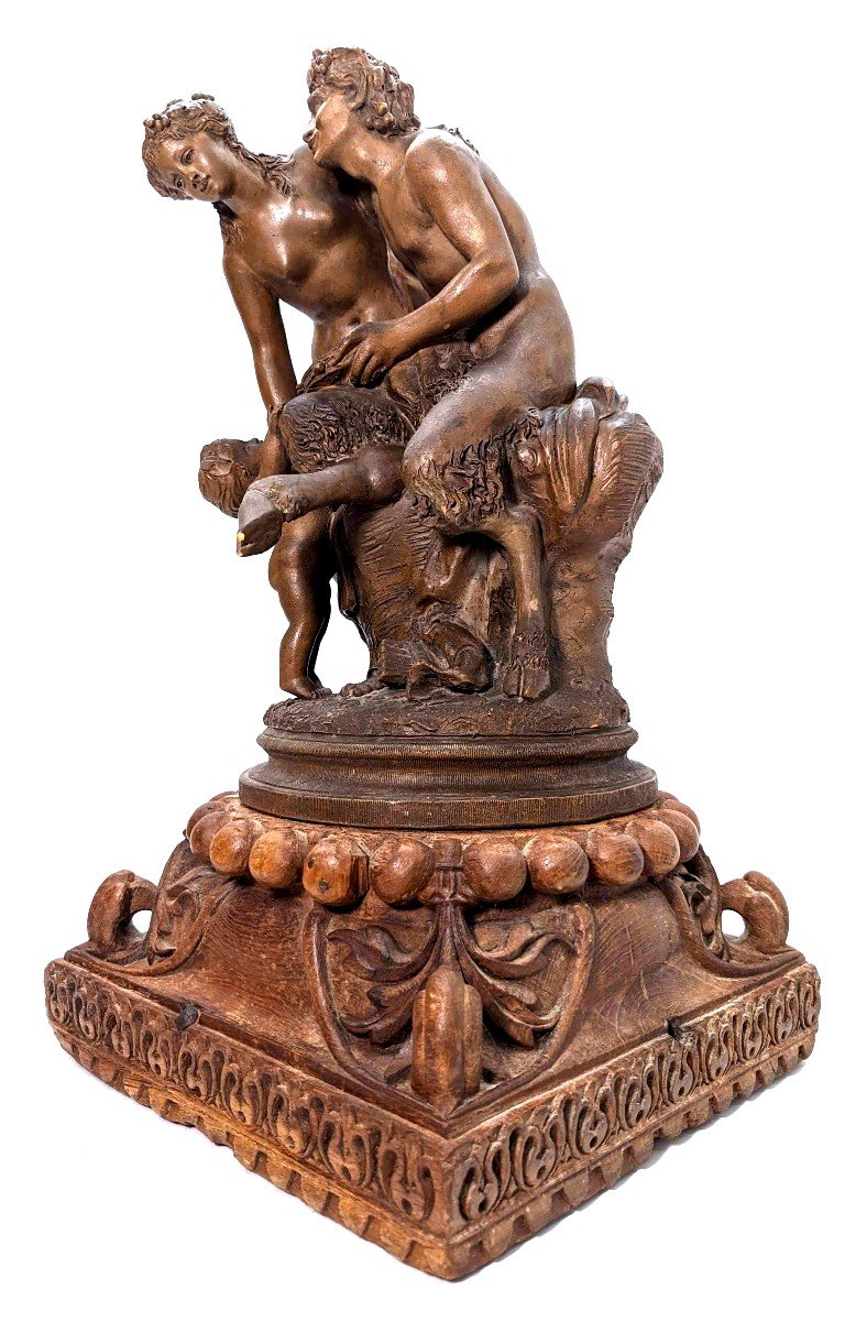 "groupe En Terre Cuite De Clodion  La Jeune Fille Et Le Faune, Sur Socle En Bois Sculpté-photo-2