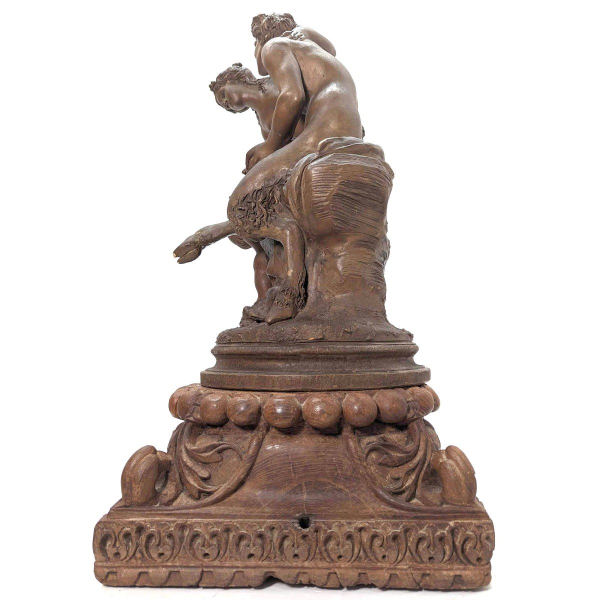 "groupe En Terre Cuite De Clodion  La Jeune Fille Et Le Faune, Sur Socle En Bois Sculpté-photo-3