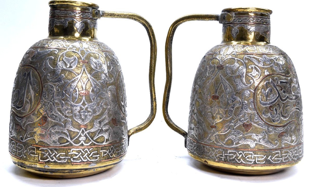 Pair Of Jugs In Copper And Silver Dinanderie Oriental Work, 1880/1900-photo-2