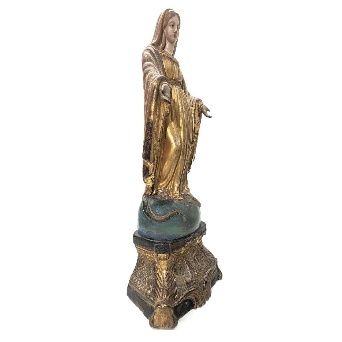 Sculpture Of The Virgin In 19th Century Gold-gilded Terracotta-photo-2