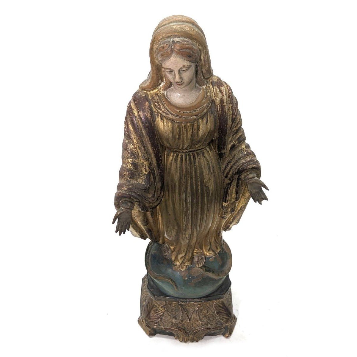 Sculpture Of The Virgin In 19th Century Gold-gilded Terracotta-photo-4