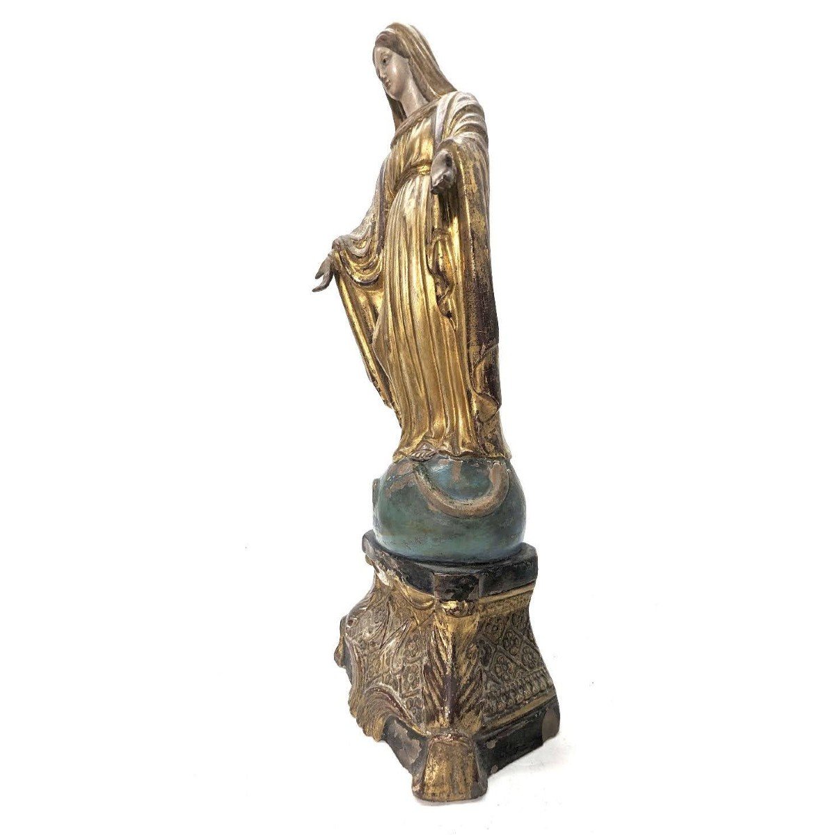 Sculpture De La Vierge En Terre Cuite XIXème Dorée à l'Or-photo-1