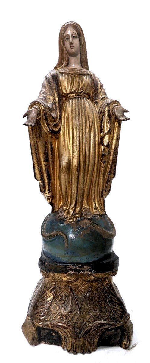 Sculpture Of The Virgin In 19th Century Gold-gilded Terracotta