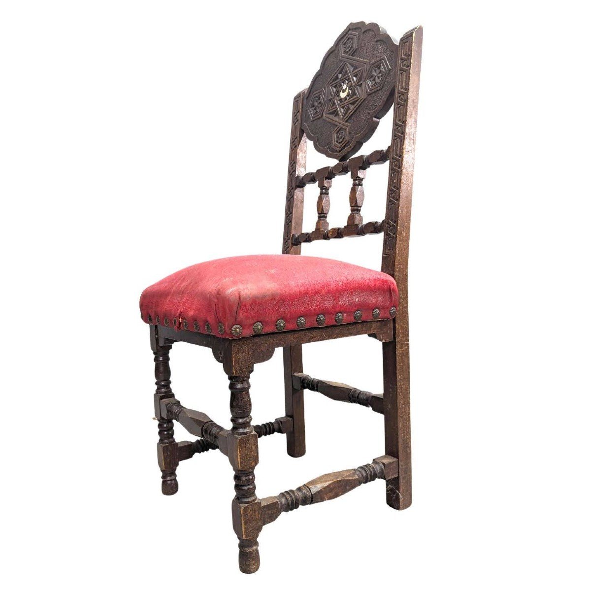 6  Chaises Orientales  Algérie 1900 Incrustations De Nacre Et d'étain  Dessus Velours Rouge-photo-1