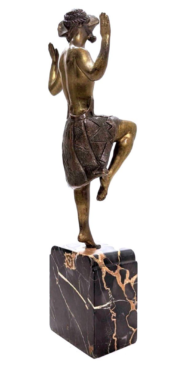 Charlotte Monginot Dancer In Art Deco Bronze 1930 On Portor Marble Base-photo-2