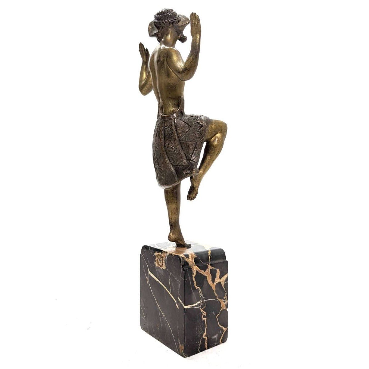 Charlotte Monginot Dancer In Art Deco Bronze 1930 On Portor Marble Base-photo-6