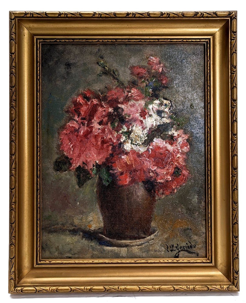 "louis Edouard Garrido Huile Sur Carton Bouquet d'œillets Ou Géranium 