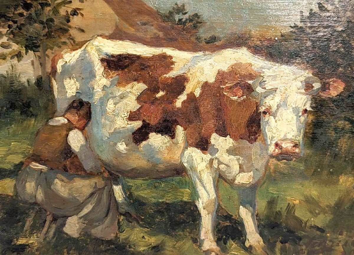 "louis Edouard Garrido Huile Sur Panneau La Traite Des Vaches  -photo-3