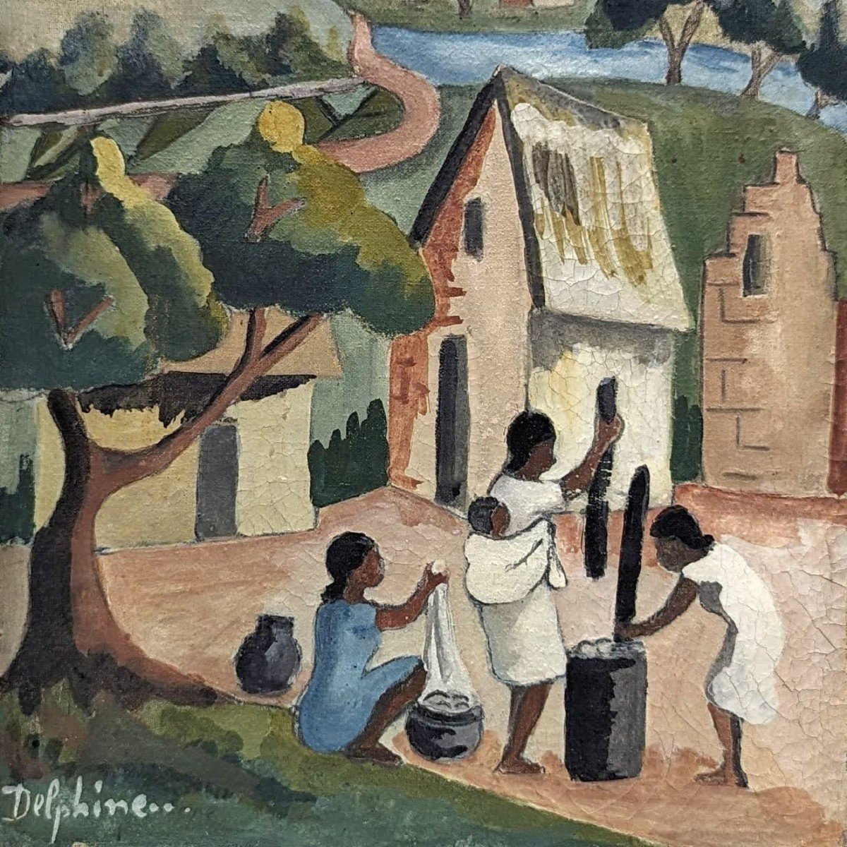 Oil On Canvas Scene Of Life In Madagascar Malagasy School Signed Delphine-photo-2