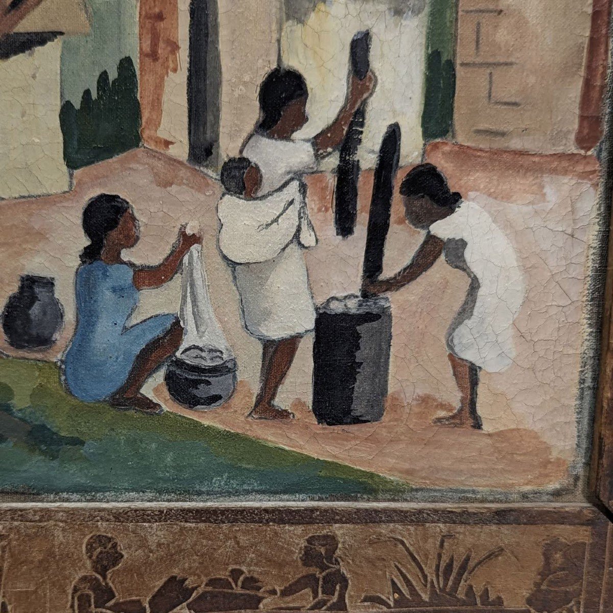 Oil On Canvas Scene Of Life In Madagascar Malagasy School Signed Delphine-photo-4