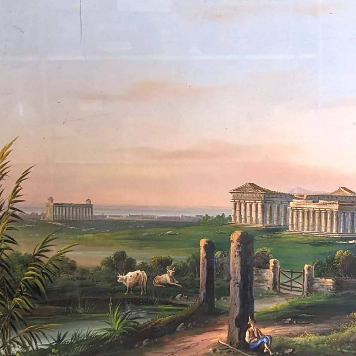 Grande Gouache Napolitaine Temple De Pesto époque XIXème  -photo-2