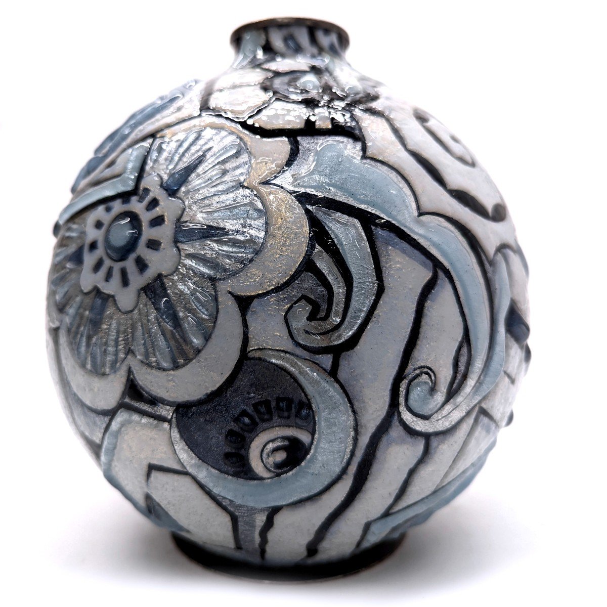 Rare Ball Vase By Camille Faure Model Mogador 1926 By Enameler Paul Vouzelaud -photo-3