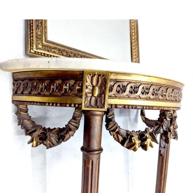 Louis XVI Style Golden Wood Console With Mirror 1900  -photo-4